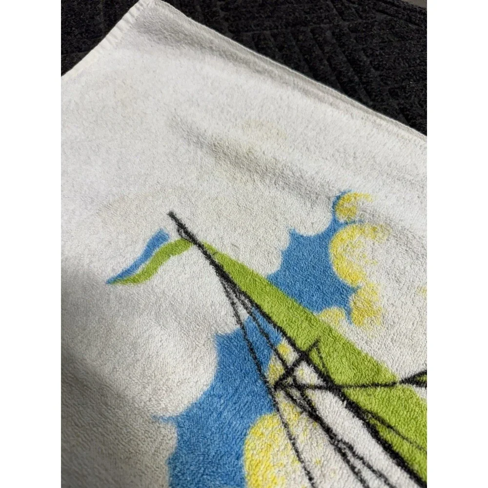 Vintage Sherry MFG Co. FLORIDA Beach Towel Sail Boat Water Bright Color STAINS